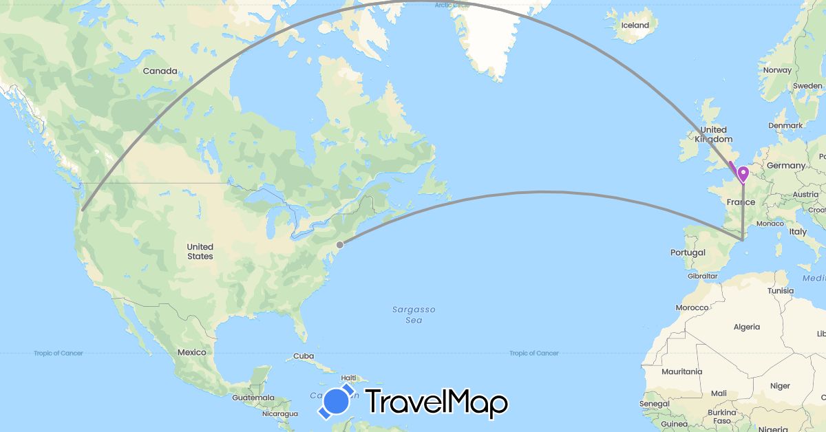 TravelMap itinerary: plane, train in Spain, France, United Kingdom, United States (Europe, North America)